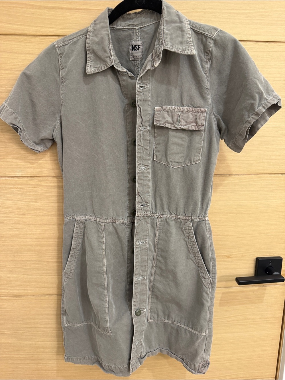 NSF Short-Sleeve Button-Front Utility Shirt Dress in Faded Olive Gray